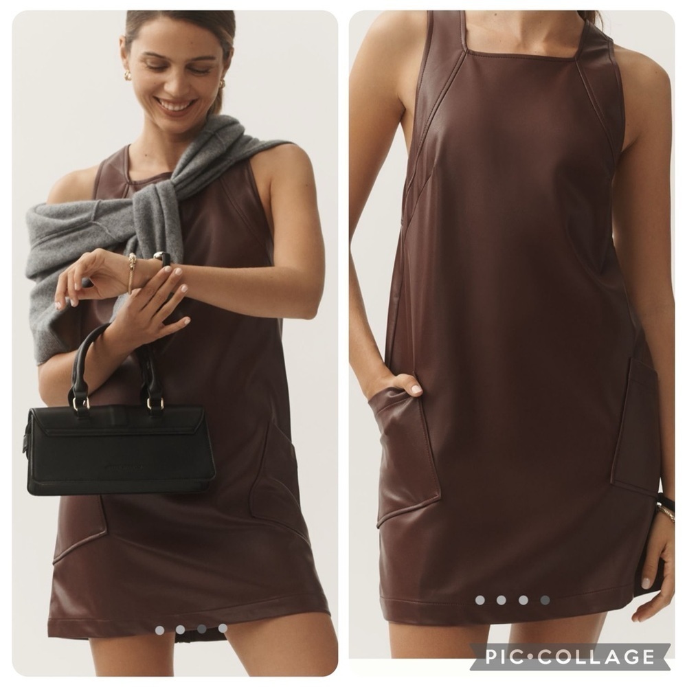 NWT new large Anthropologie Maeve faux leather sleeveless shift mini dress brown - Picture 10 of 17
